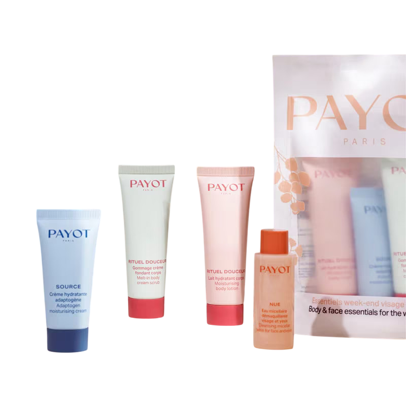 68c90d27de33d1758006567 Discovery Kit Set Payot: Rituel Douceur, Eliminates Impurities, Exfoliating Cream, 20 ml + Source Adaptogen, Natural Ingredients, Hydrating 48H, Morning & Evening, Cream, For Face, 15 ml + Rituel Douceur, Hydrates, Body Lotion, Body, 25 ml + Nue, Cleansing, Micellar Water, For All Skin Types, 20 ml – Image 1