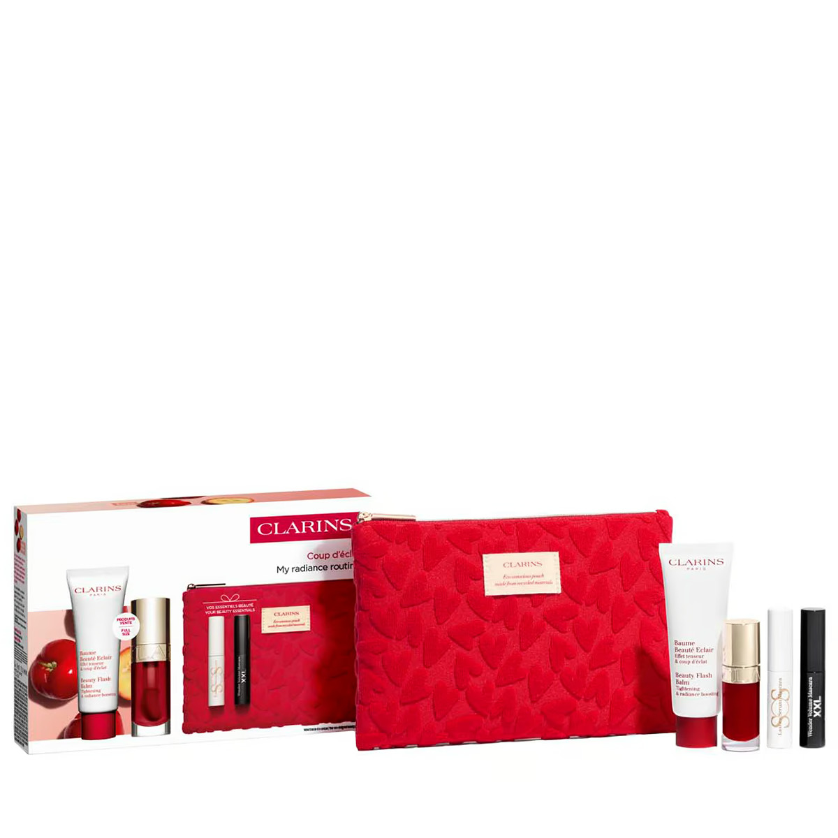set-clarins-beauty-flash-revitalising-balm-face-15-ml-s-o-s-eyelash-serum-3-ml-lip-comfort-hydrating-lip-oil-7-ml-wonder-volume-volumising-mascara-bla Set Clarins: Beauty Flash, Revitalising, Balm, Face, 15 ml + S.O.S., Eyelash Serum, 3 ml + Lip Comfort, Hydrating, Lip Oil, 7 ml + Wonder Volume, Volumising, Mascara, Black, 3 ml *Miniature + Clarins, GWP Textile Pouch, Red – Image 1