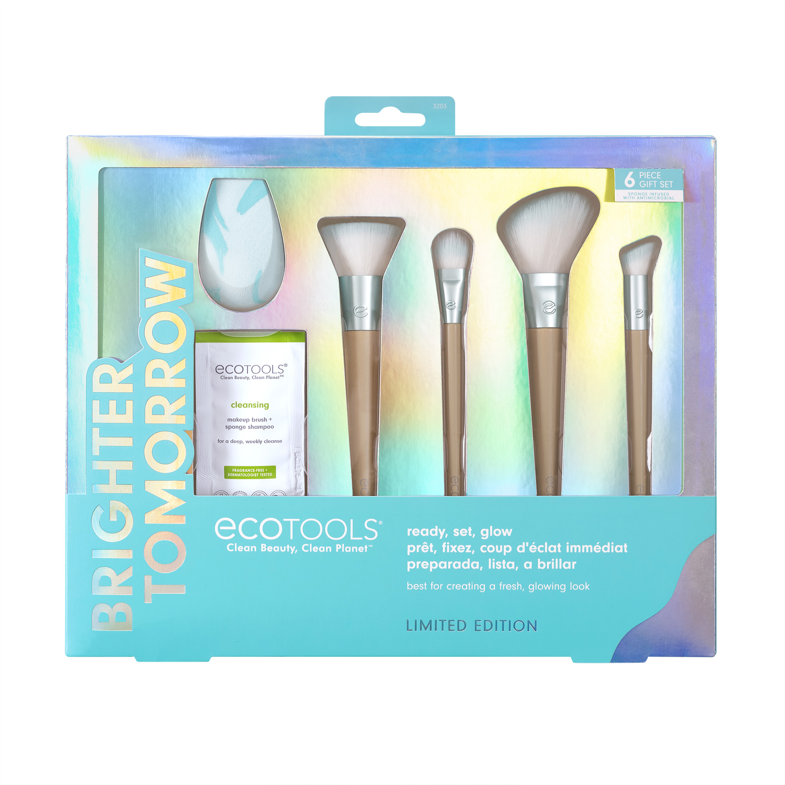 set-ecotools-ecotools-blending-foundation-brush-micro-blending-concealer-brush-diffuse-colour-eyeshadow-brush-ecotools-cruelty-free-brush-sponge-clean Brighter Tomorrow Set EcoTools: EcoTools, Blending, Foundation Brush + EcoTools, Blending, Concealer Brush + EcoTools, Diffuse, Eyeshadow Brush + EcoTools, Brush & Sponge Cleanser Lotion, 7.39 ml + EcoTools, Blending, Blush Brush + EcoTools, Makeup Sponge, Blue – Image 1