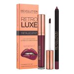 Coffret Makeup Revolution: Retro Luxe — Metallic — rouge à lèvres liquide — Worth It — 5.5 ml + Retro Luxe — crayon à lèvres — Worth It — 1 g